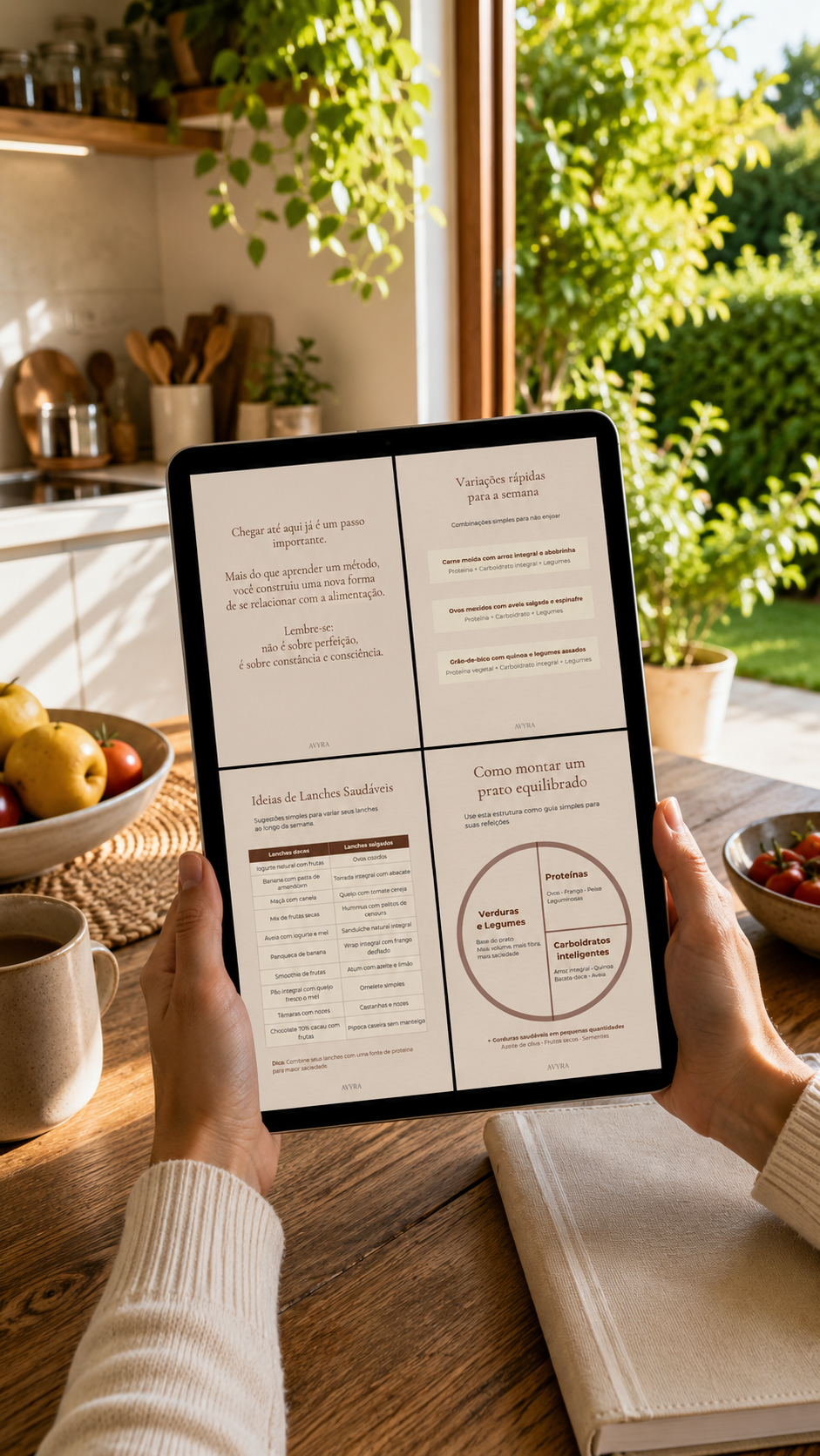 Página interna do ebook com guia de pratos equilibrados e lanches saudáveis