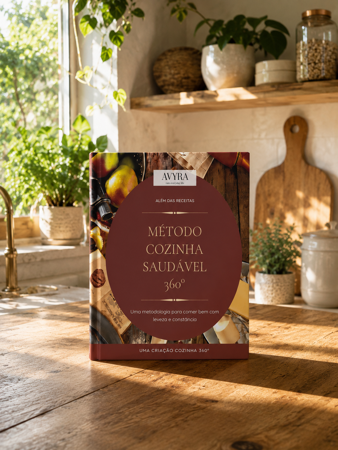 Ebook Método Cozinha Saudável 360º apoiado em bancada de cozinha rústica com luz natural