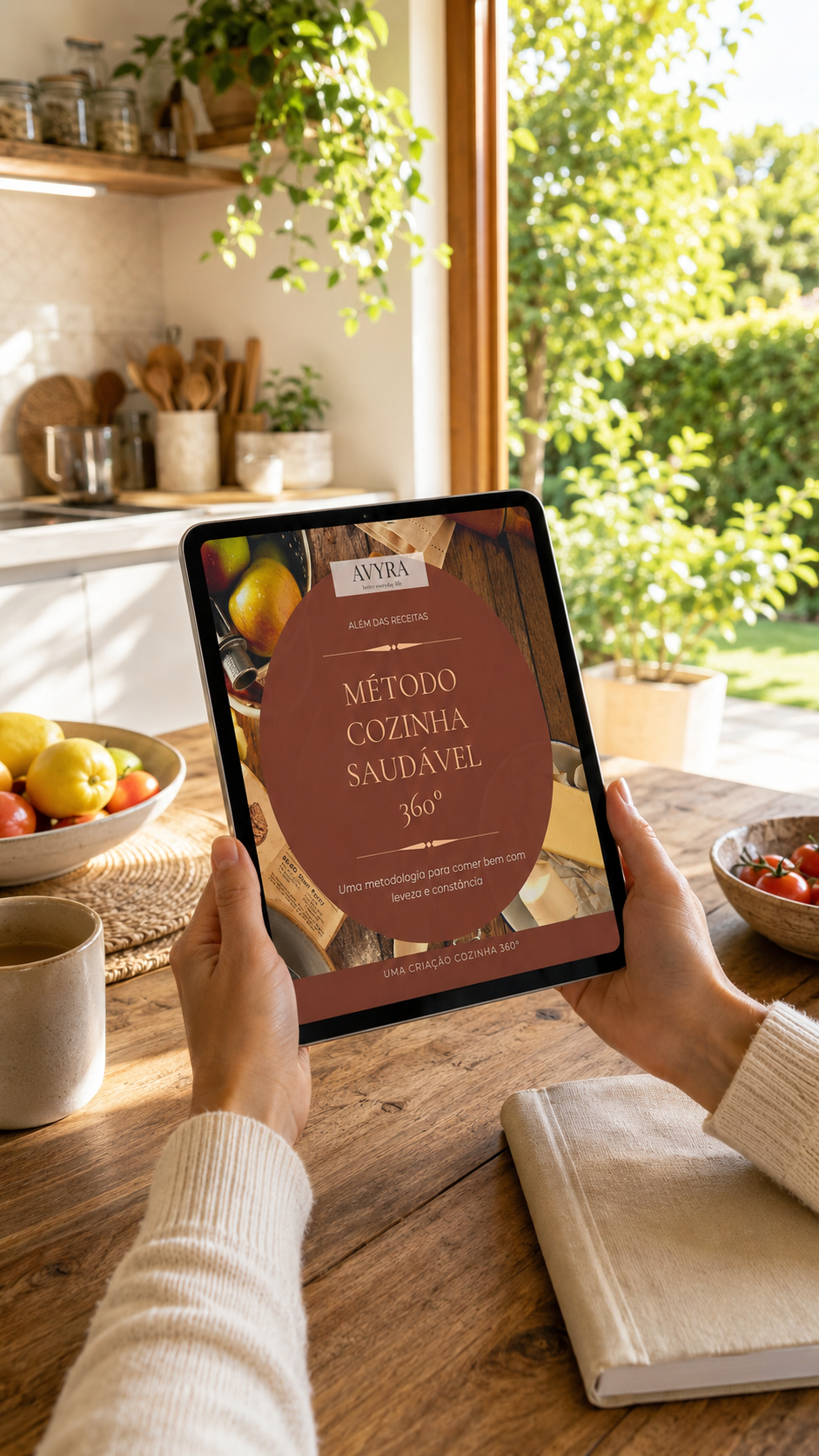 Mulher segurando tablet com o ebook Método Cozinha Saudável 360º na cozinha